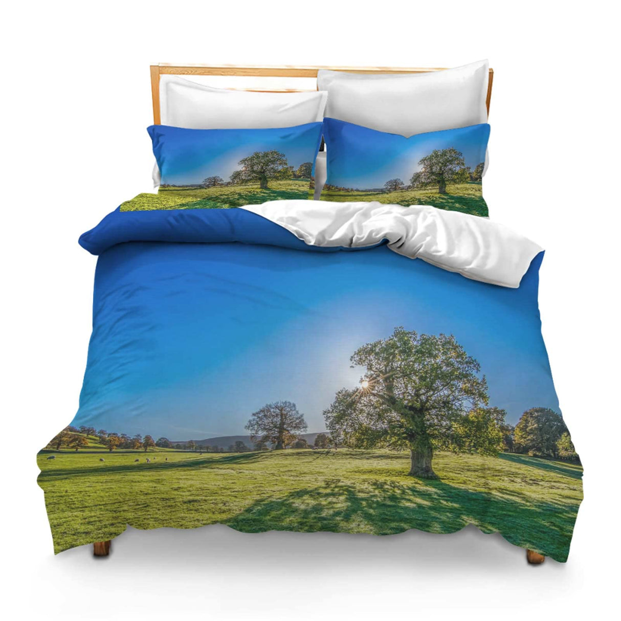 3PCS Comforter Cover Set with 2 Pillow Shams Lightweight Full Tree Sun Sunlight Summer Meadow Grassland Landscape Bedspread Room Decor for Kids Boys and Girls
