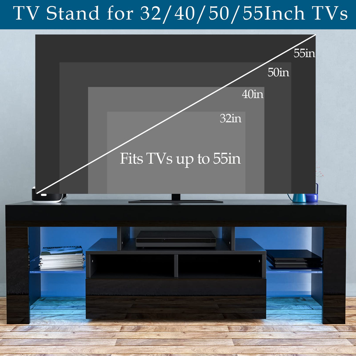 LED Black TV Stand for 50/55/60inch TV,Modern Entertainment Center with Storage