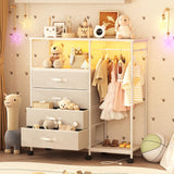 Fabric Dresser with Clothes Rack, 4 Drawers Dresser for Bedroom with Charging Station and LED Lights