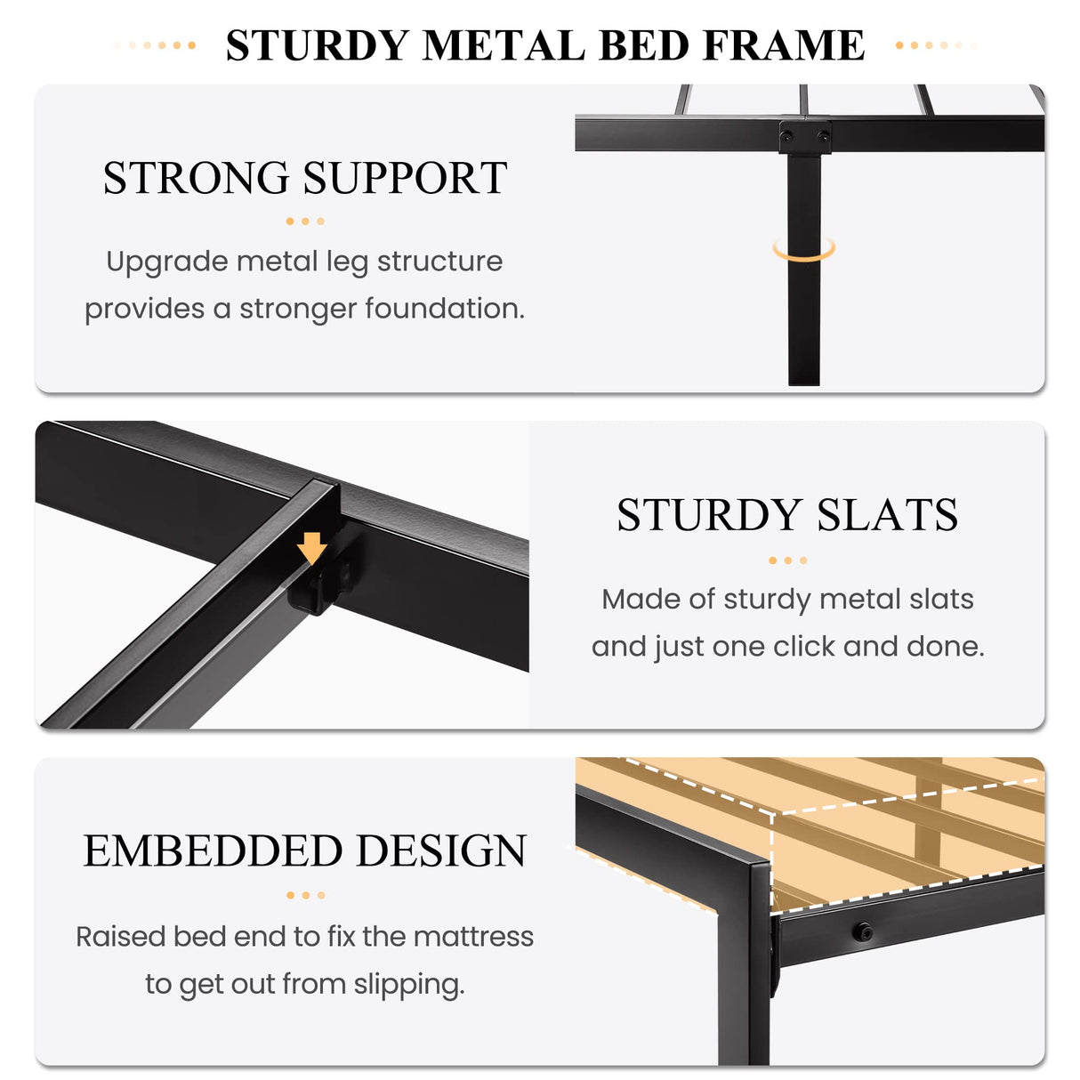 Twin Size Bed Frame with Upholstered Headboard, Platform Bed Frame with Metal Slats,