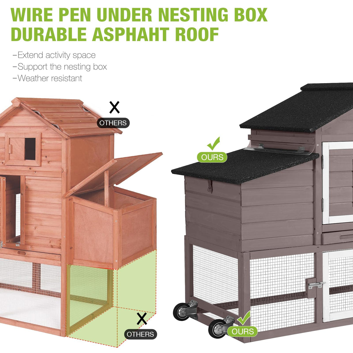 GUTINNEEN Chicken Coop Mobile Outdoor Chicken House Hen Coop with Wheels Nesting Box, Poultry Cage Duck House with Run(Blown)