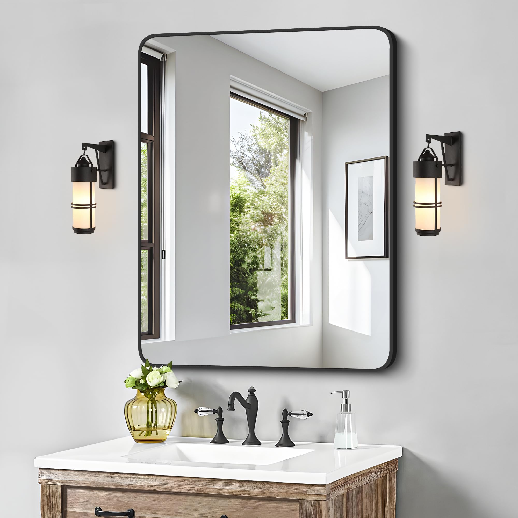 30x40 Black Metal Frame Bathroom Mirror - Large Rectangular Wall Mount
