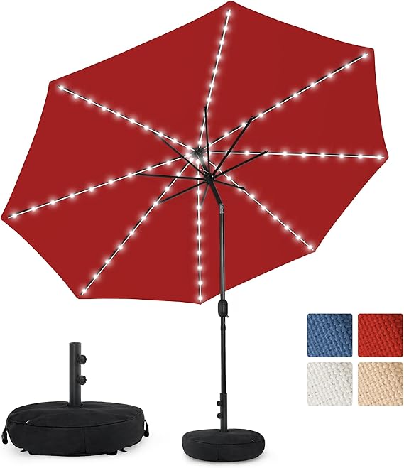 Olefin 5-Year-Non-Fading Solar 80 LED 9 FT Solar Patio Umbrella with Sand Bag Base