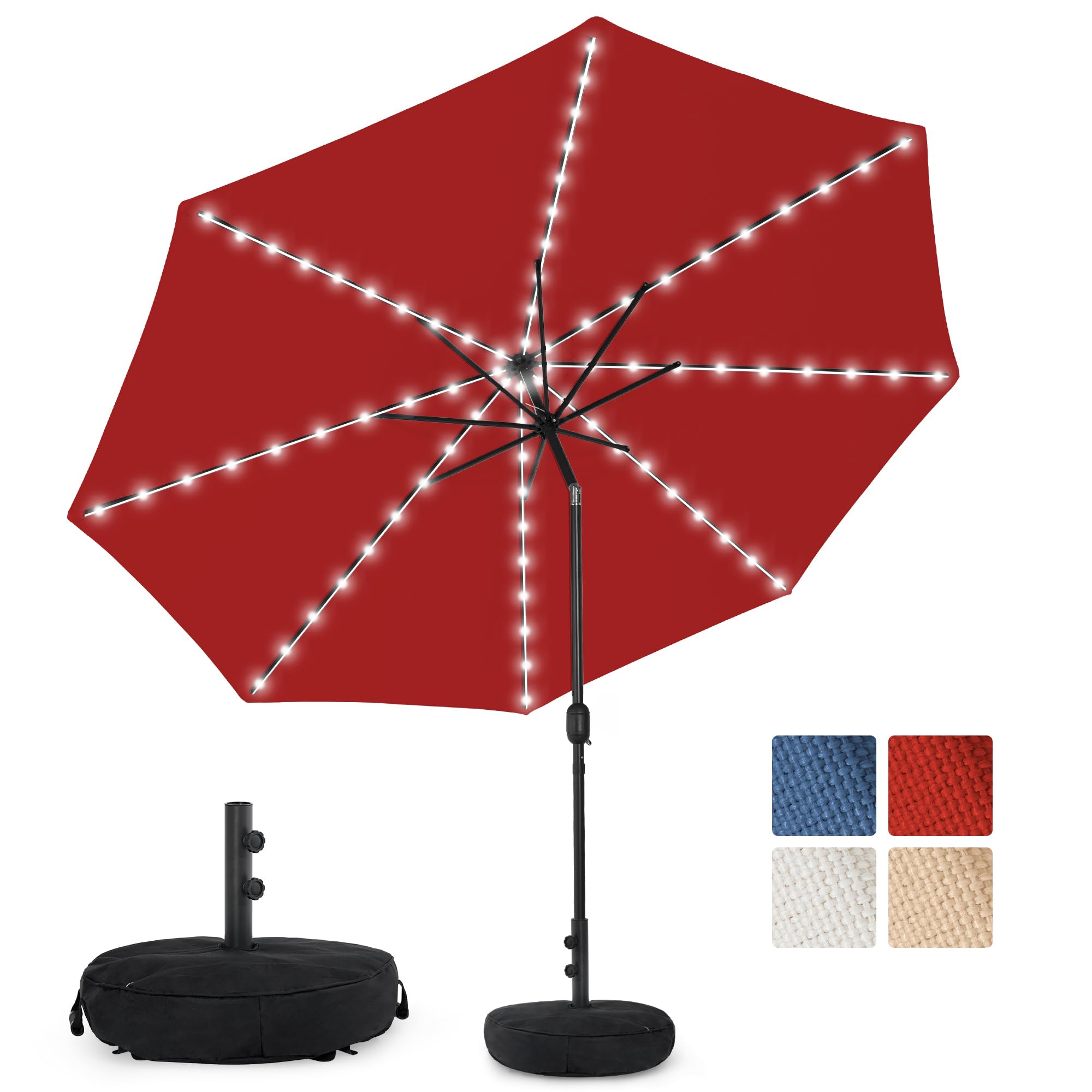 Olefin 5-Year-Non-Fading Solar 80 LED 9 FT Solar Patio Umbrella with Sand Bag Base