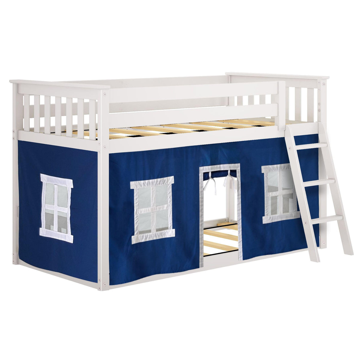 Low Bunk Bed, Twin-Over-Twin Bed Frame For Kids With Curtains For Bottom