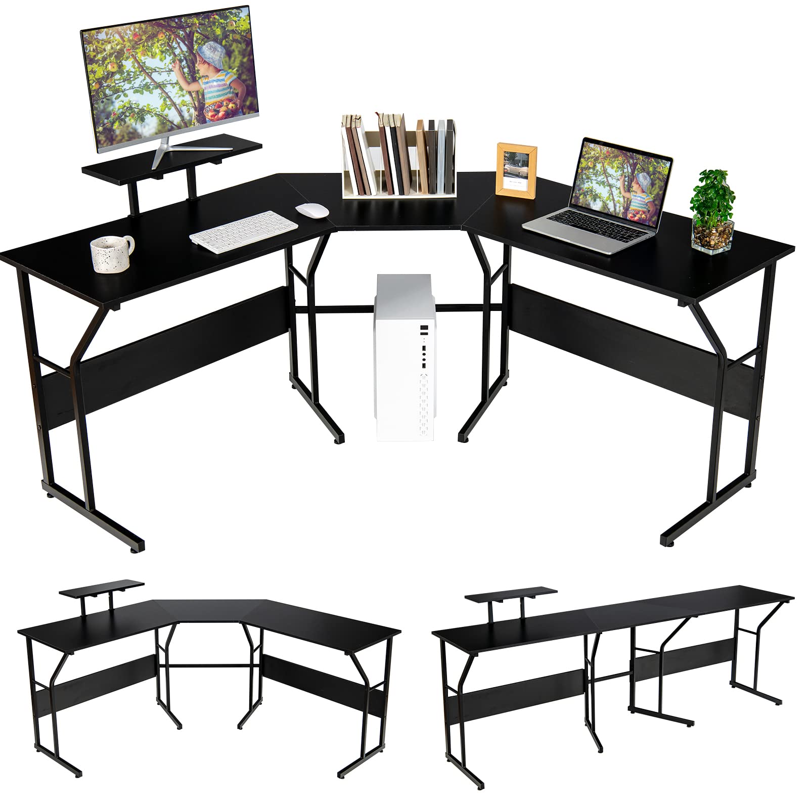 Reversible Computer Desk, 2 Person Long Computer Workstation w/Movable Monitor Stand, Large Home Office Corner Desk for Working Writing Gaming (Black)