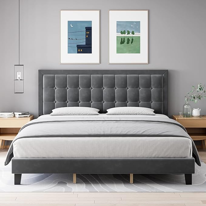 Full Size Bed Frame with Button Tufted Headboard, Upholstered Low Platform Bed Frame,