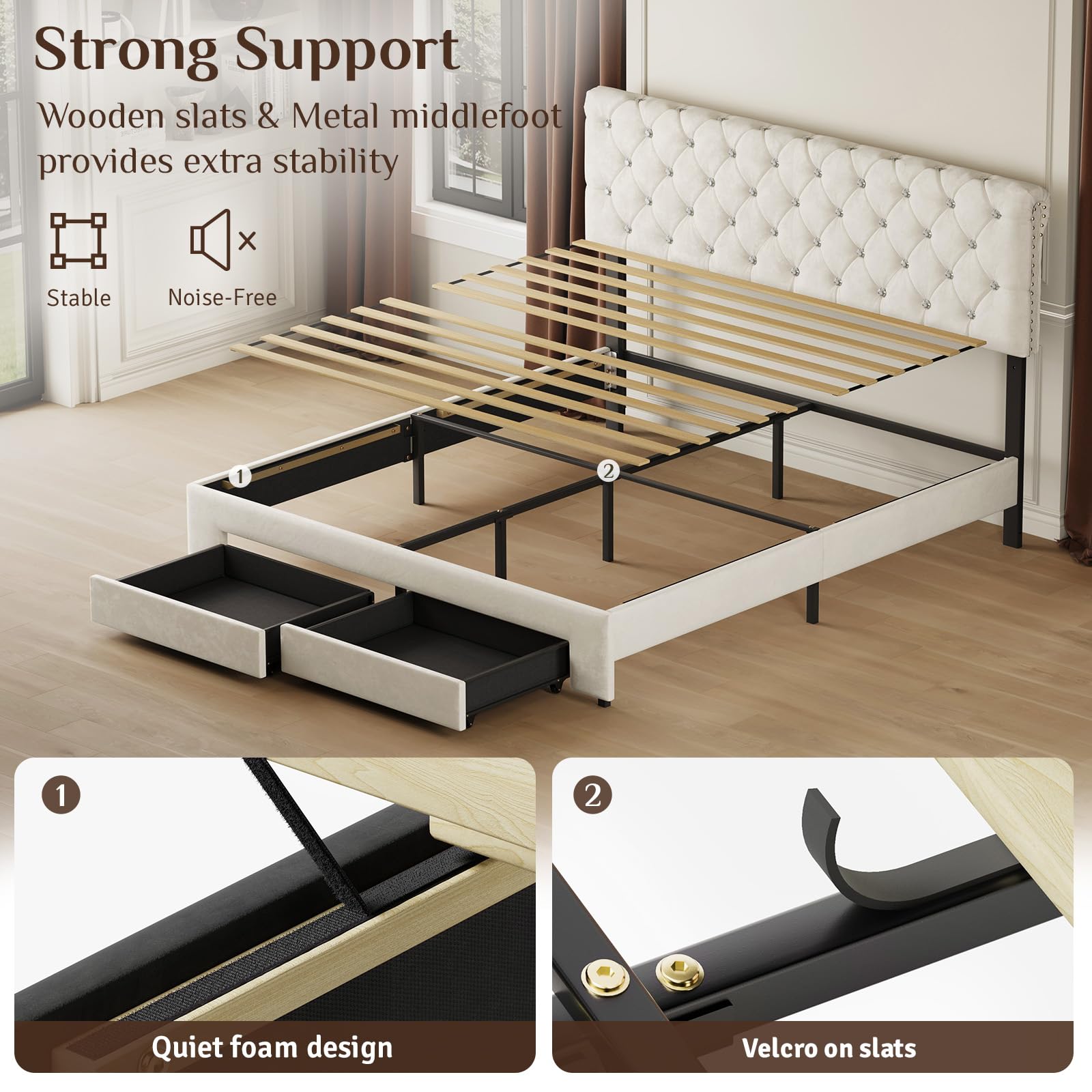 Full Bed Frame with Storage Drawer and Adjustable Headboard