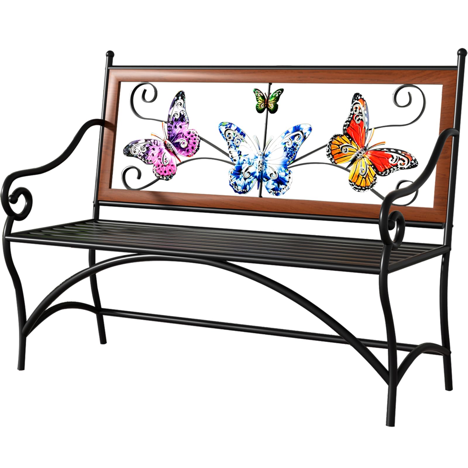 39.7" Outdoor Bench, Garden Bench, Patio Bench with Armrest, Slatted Seat and Butterfly