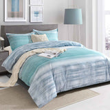 Queen Size Comforter Set, Blue, Grey and Teal Striped Pattern Print Reversible Down