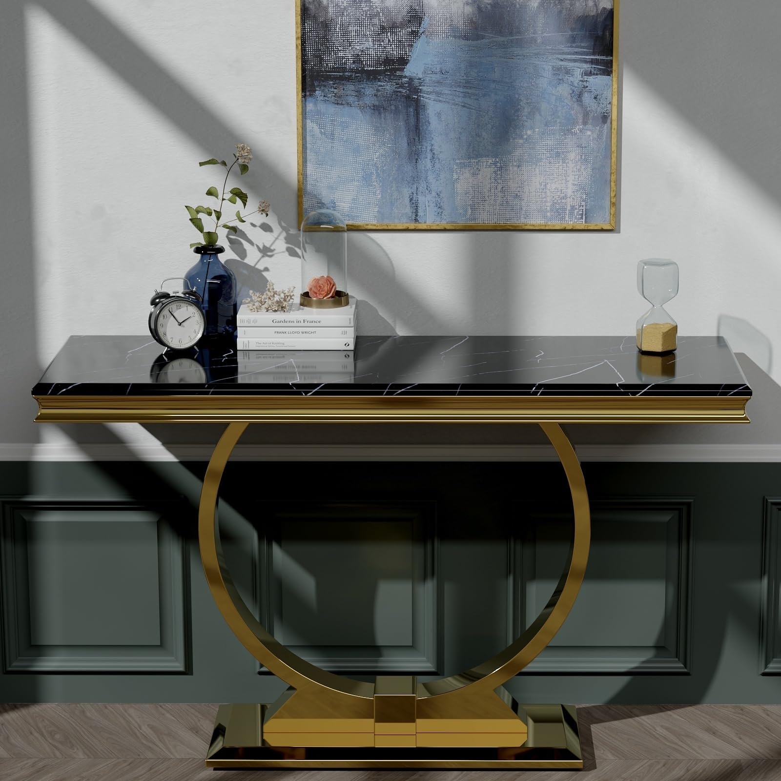 Black Gold Console Table, 50" Black Entrance Table with Gold U Shaped Base