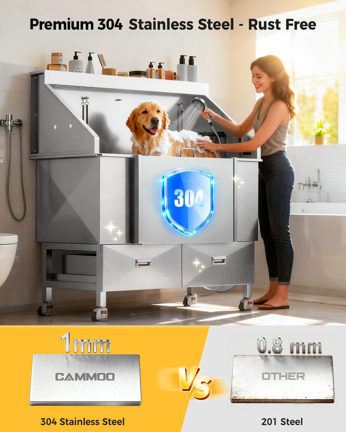 61" Professional Dog Washing Station - Stainless Steel with Ramp & Wheels