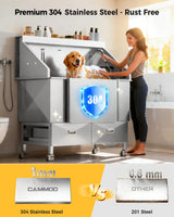 61" Professional Dog Washing Station - Stainless Steel with Ramp & Wheels