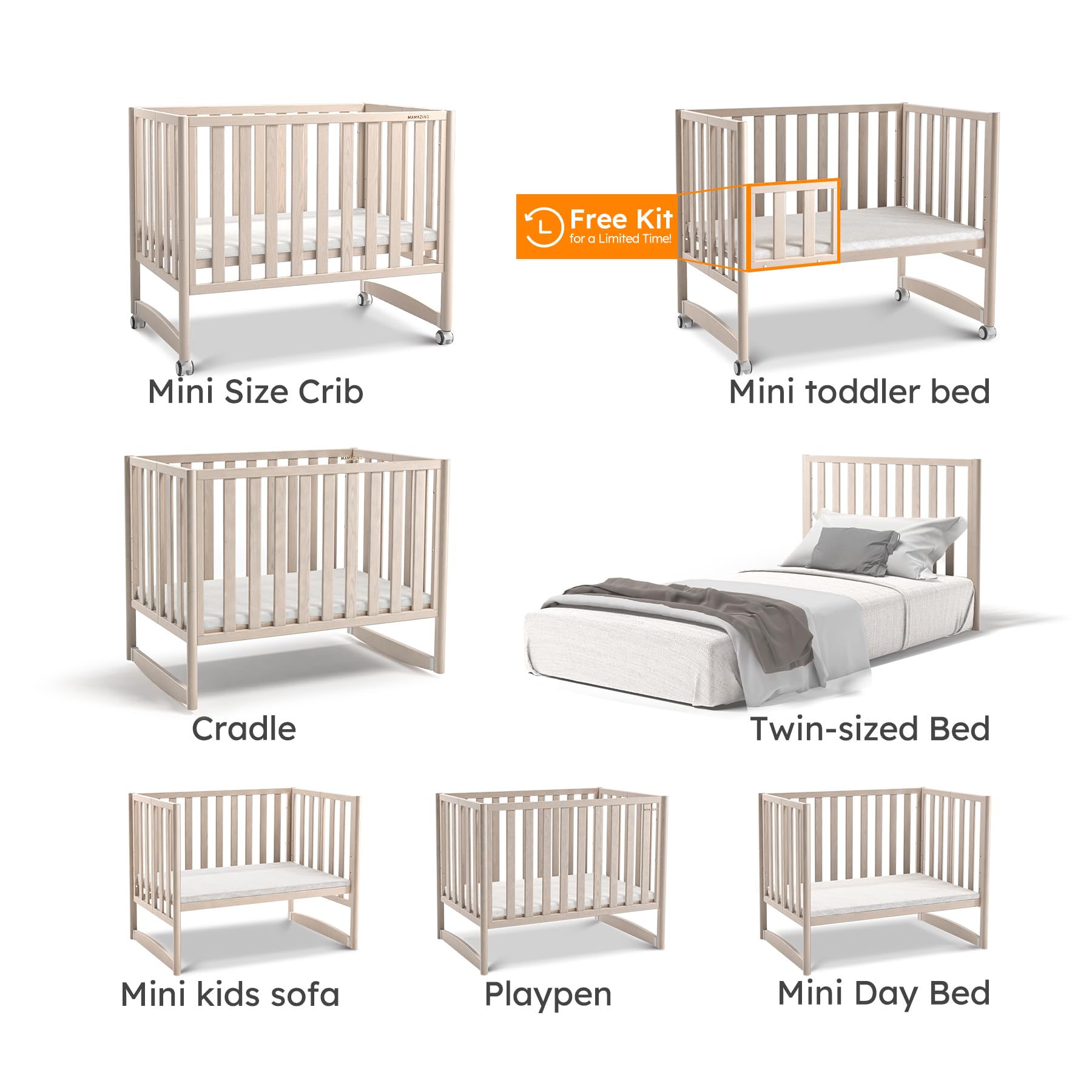MAMAZING EvoNook 7-in-1 Convertible Mini Crib - Easy Assembly, Portable Folding Baby Mini Crib with Mattress, 100% New Zealand Pinewood, 4 Adjustable Mattress Heights, Washed White