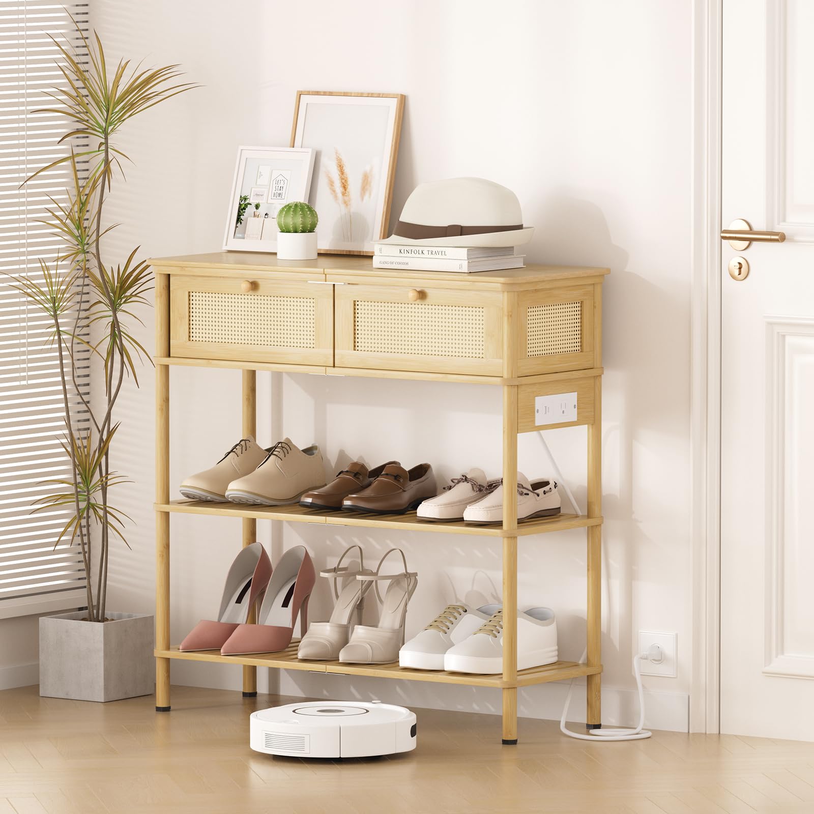 Bamboo Console Table with Drawers and Power Outlets