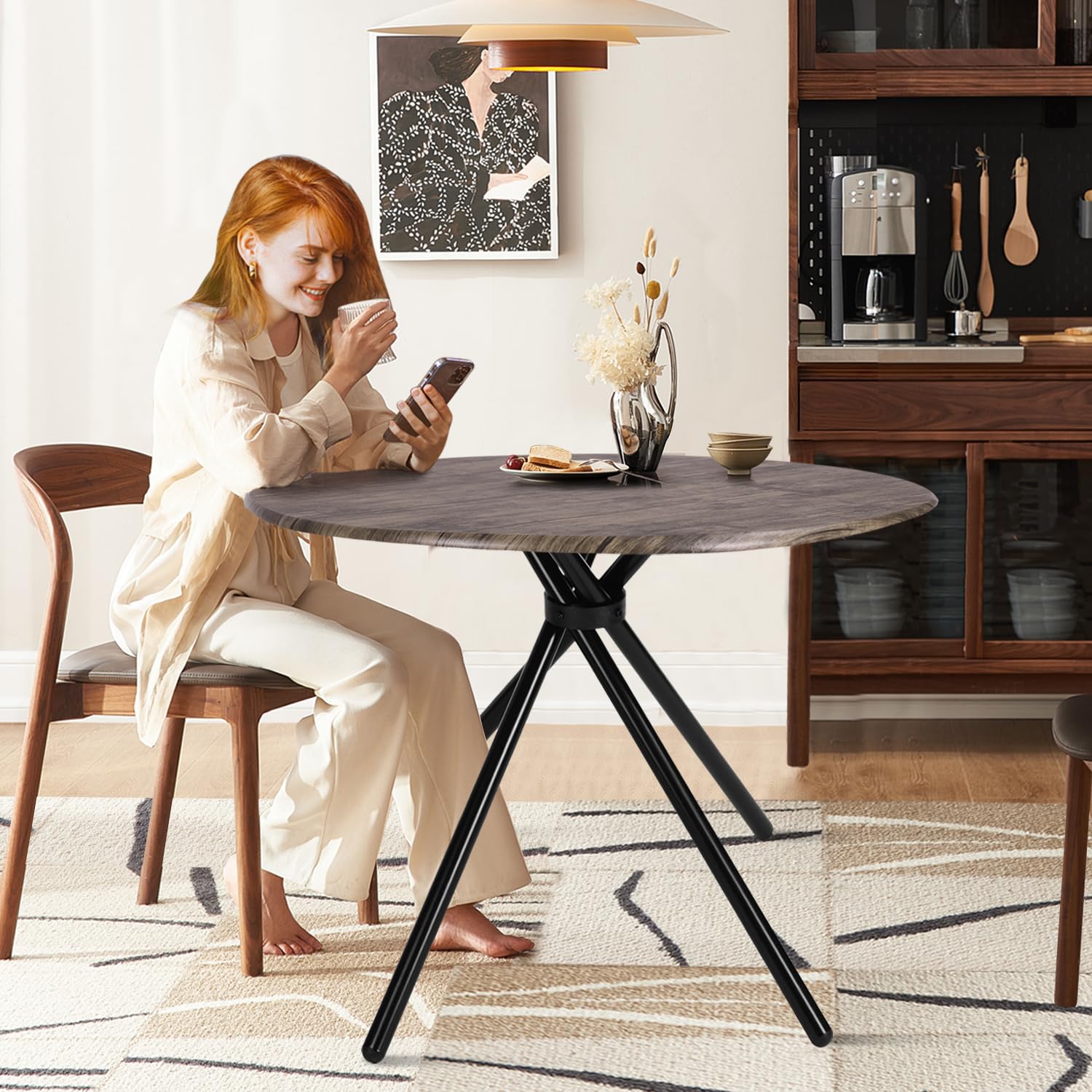31.5" Round Dining Table for 2-4 People, Vintage Wood Kitchen Table with Unique I