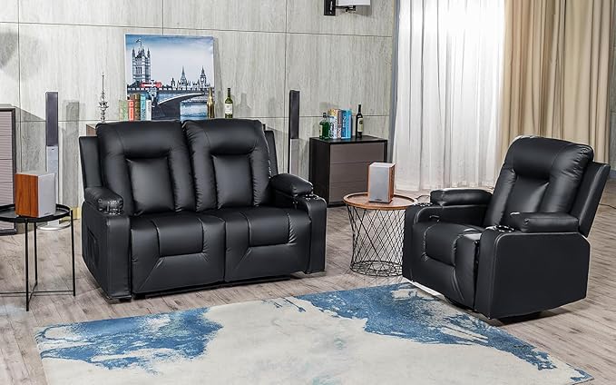 Recline Chair Set，Furniture 2PC Bonded Leather Recliner Set Living Room