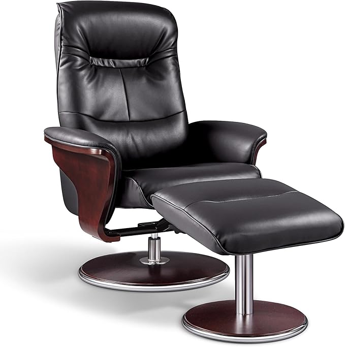 Milano Modern Bendwood Brown Leather Swivel Recliner with Ottoman, Latte