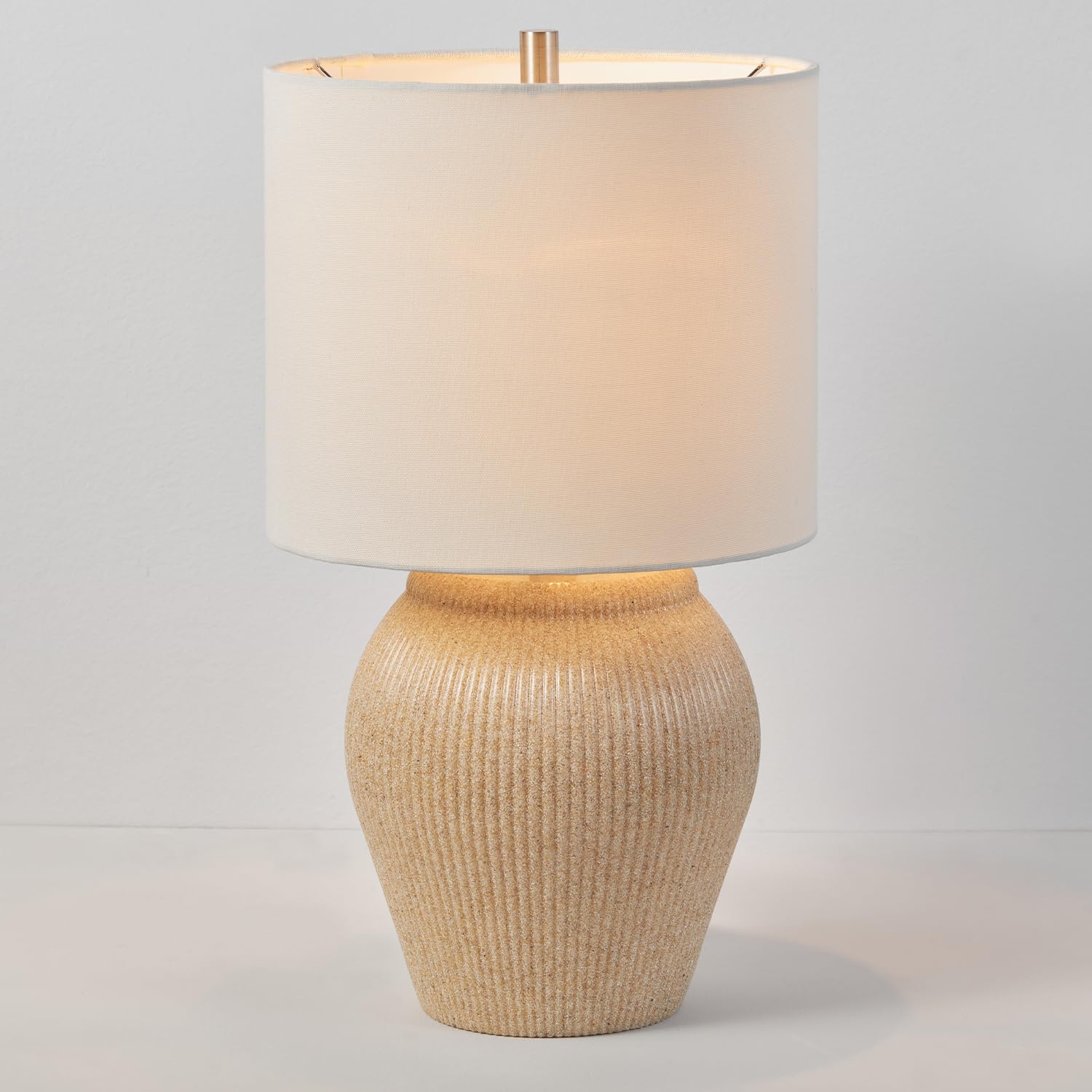 Ceramic Table Lamp, Soft Beige Finish, White Linen Shade