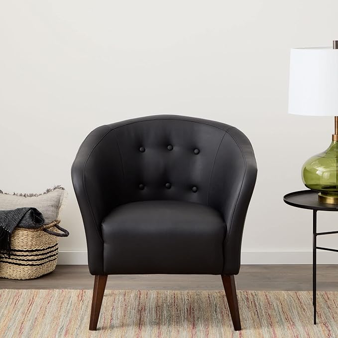 Collins Button Tufted Barrel Wood Legs – Upholstered Tub Chair for Living Room, Camel Faux Leather