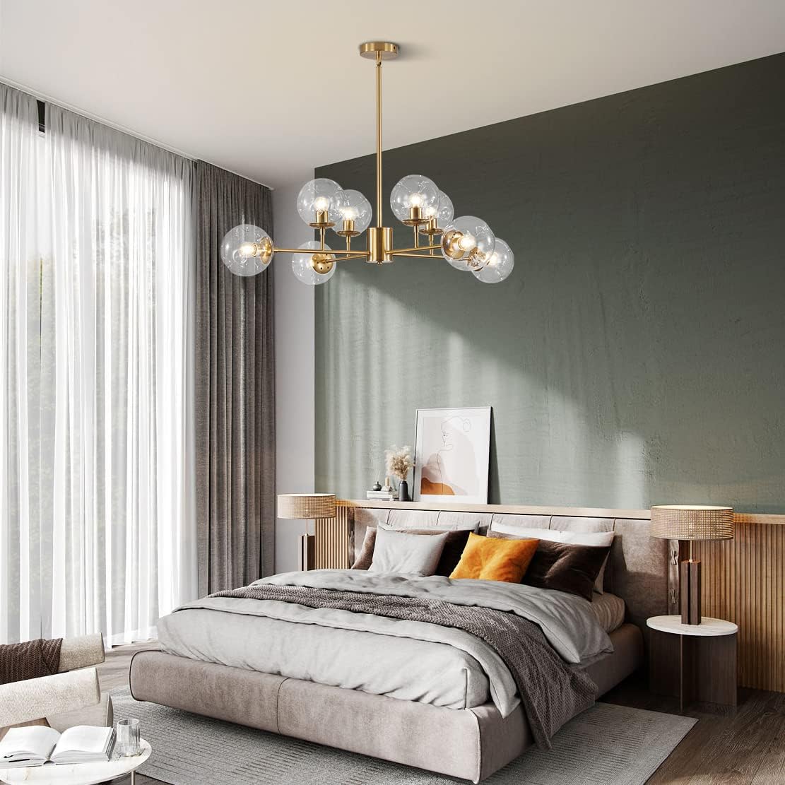 BOKT Modern 8-Lights Clear Globe Gold Chandelier Mid Century Brushed Brass Sputnik