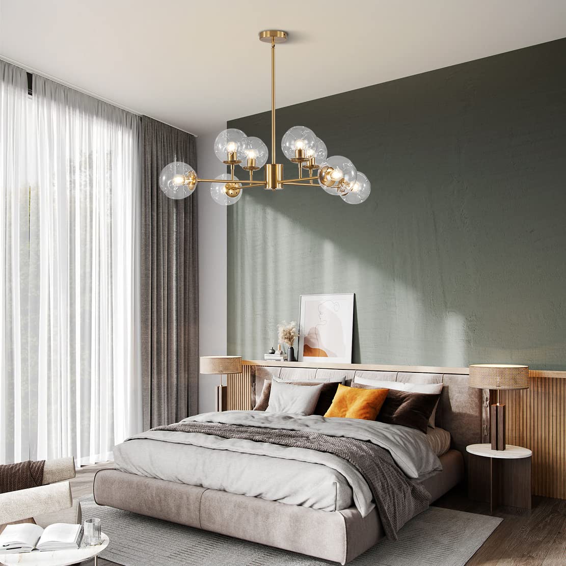 BOKT Modern 8-Lights Clear Globe Gold Chandelier Mid Century Brushed Brass Sputnik