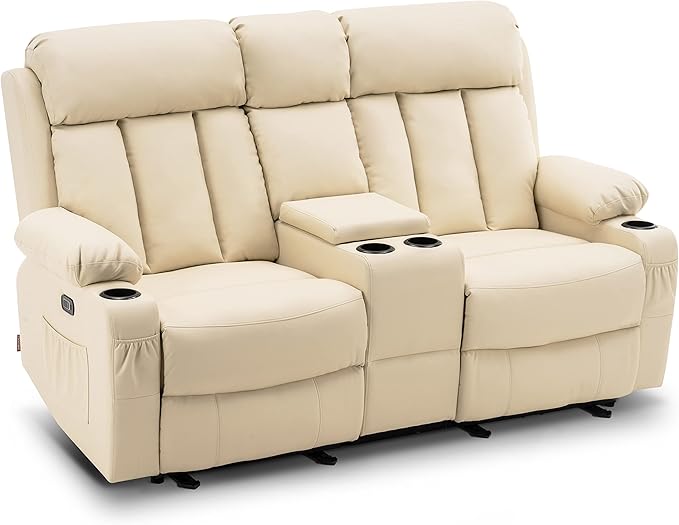 Power Loveseat Recliner, Electric Reclining Loveseat Sofa with Heat and Vibration, Cup