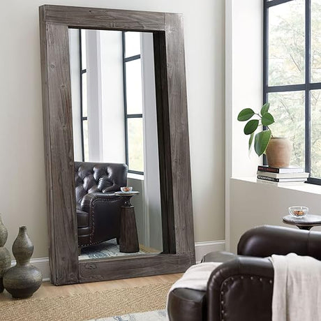 Full Length Mirror Floor Mirror Wood Frame Wall Mounted Mirror Distressed Style Wide Frame Dressing Make Up Mirror for Bathroom/Bedroom/Living Room/Entry/Farmhouse (Light Gray, 58" x 24")