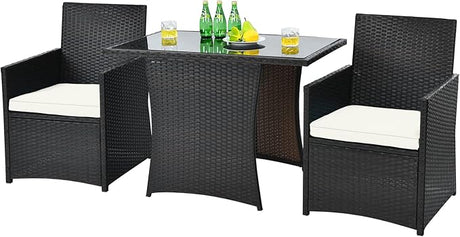3-Piece Outdoor Wicker Bistro Set PE Rattan Dining Table Set with Cushioned Chairs