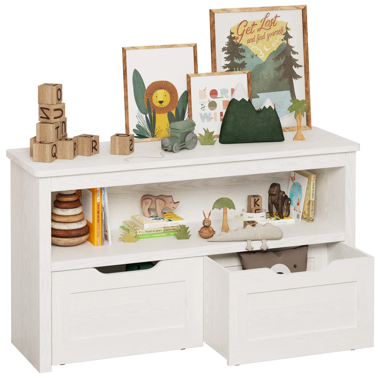 IRONCK Toy Storage Organizer with Drawers, Floor Toy Box with Wheels and Open Shelf, Storage Chest for Nursery, Playroom and Bedroom, White