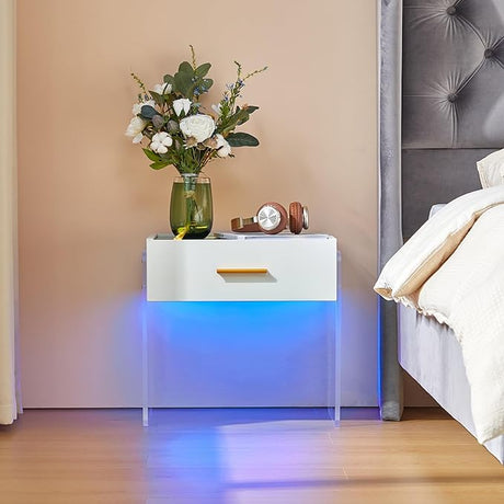 Nightstand, Modern Nightstand with Wireless Charging Station and LED Lights