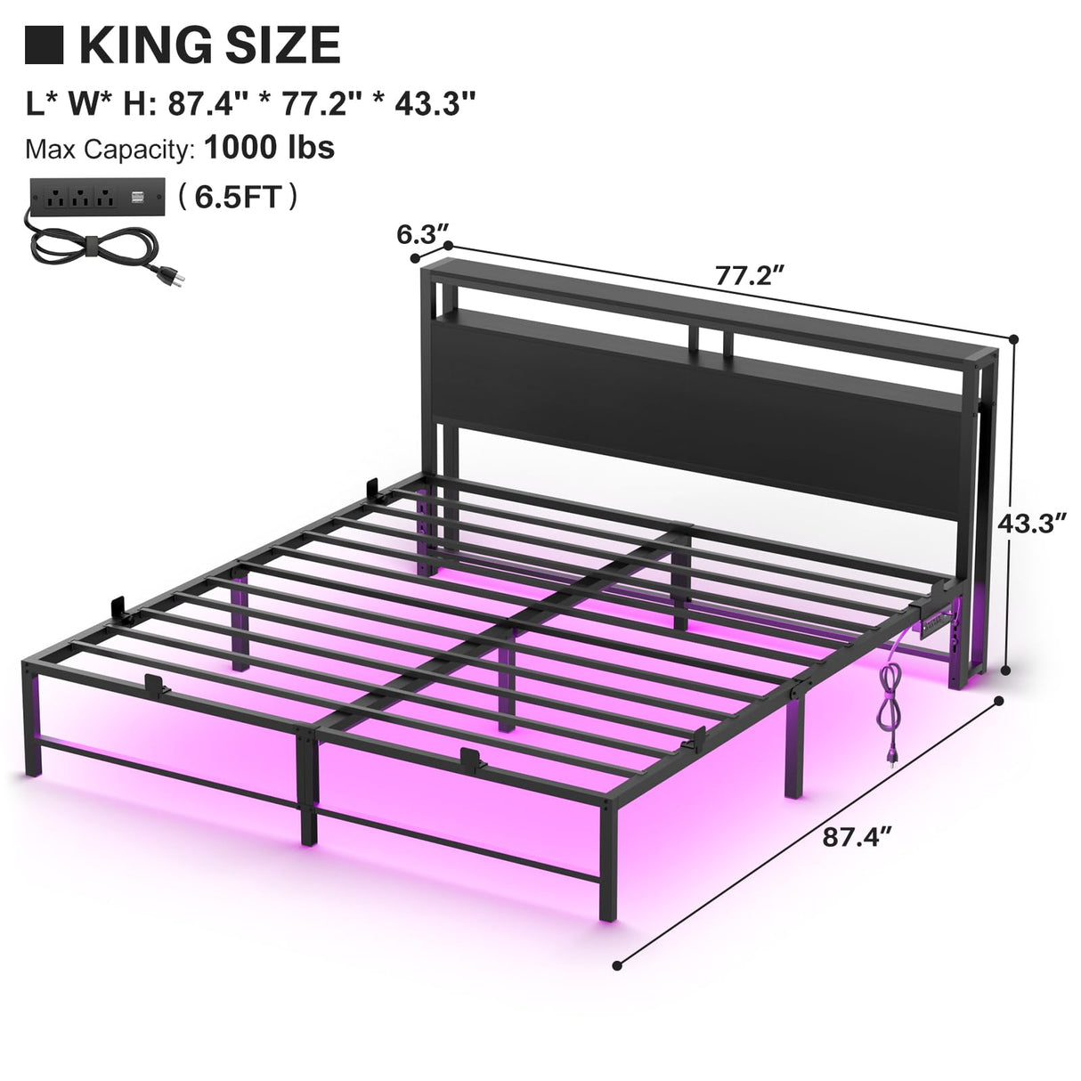 Homieasy King Size Bed Frame with headboard, Metal Platform Bed with LED Lights and Charging Station, Solid Foundation with Metal Slat Support, No Box Spring Needed, Black