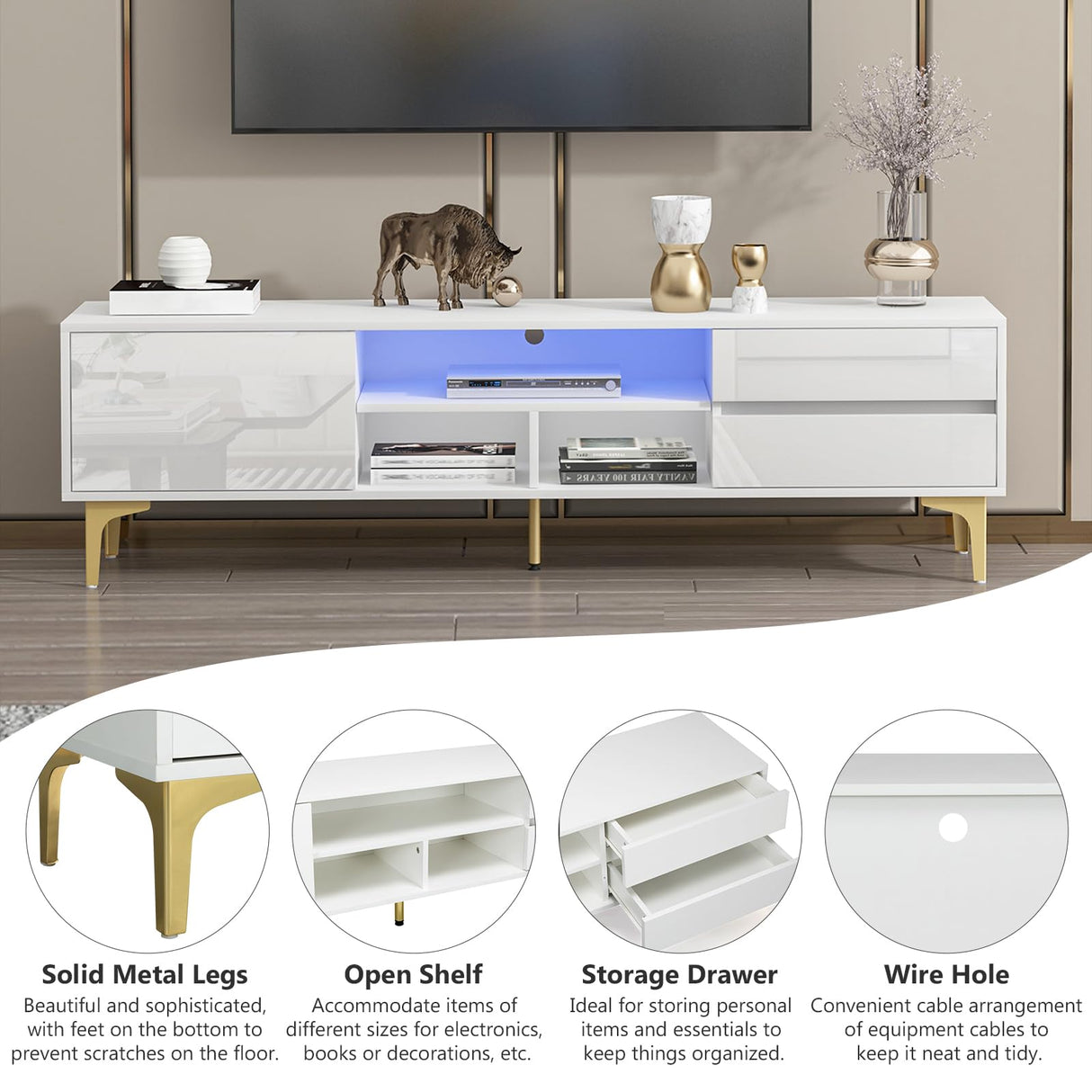 White LED TV Cabinet for Up to 65 Inch TVs Television Entertainment Center TV