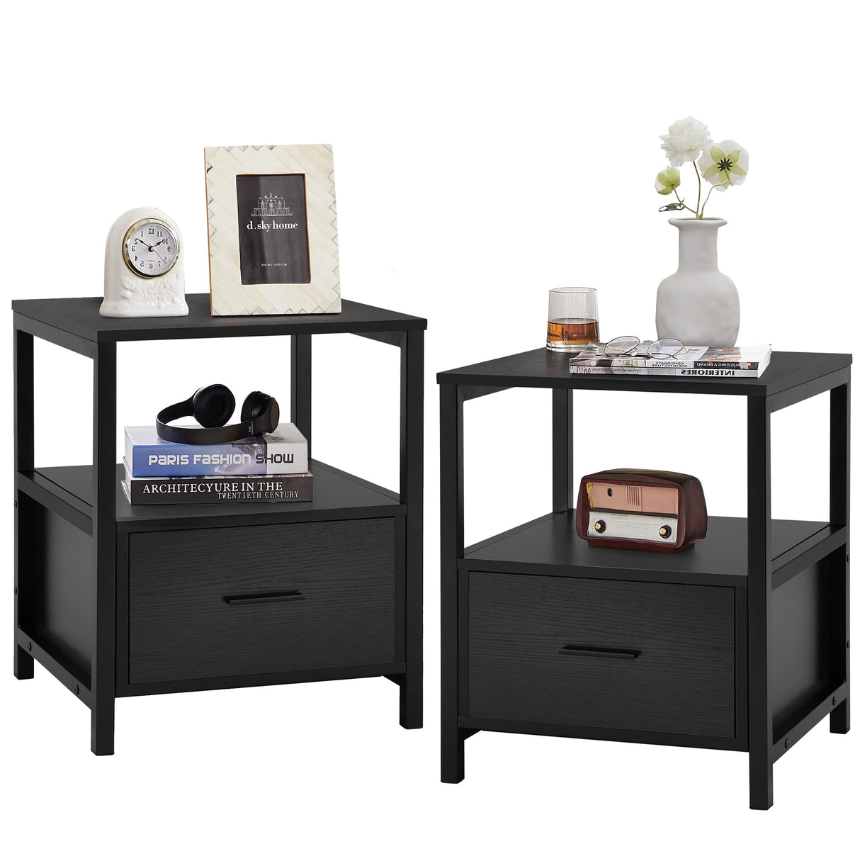 Nightstand Set of 2, Modern Square End Side Table, Night Stands with Drawer and Storage