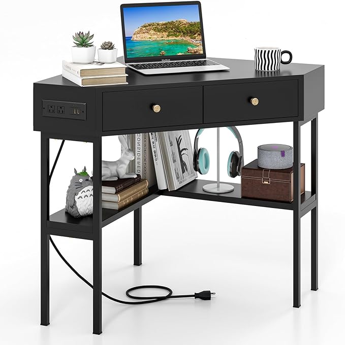 White Corner Desk with 2 Drawers & Built-in Charging Station, 90 Degrees Triangle