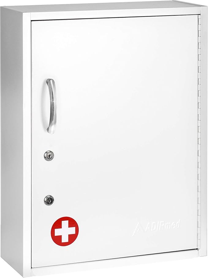 White Locking Medication Cabinet with Document Pocket, Metal Wall Mounted