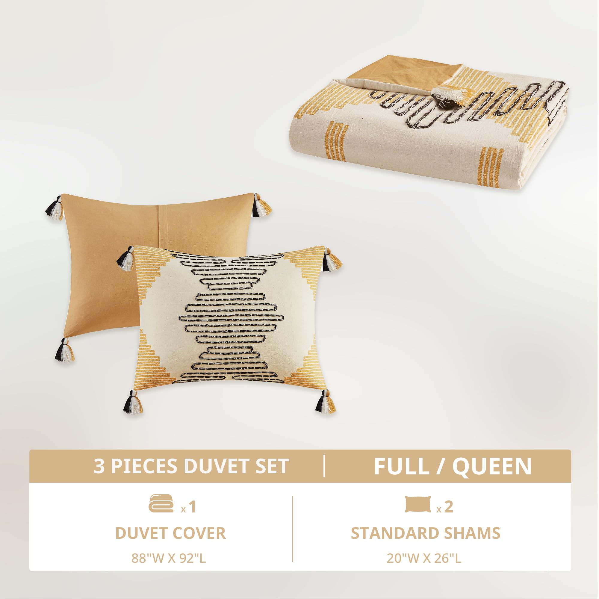 Queen Duvet Cover Set, Southwestern Geometric with Decorative Embroidery, Boho