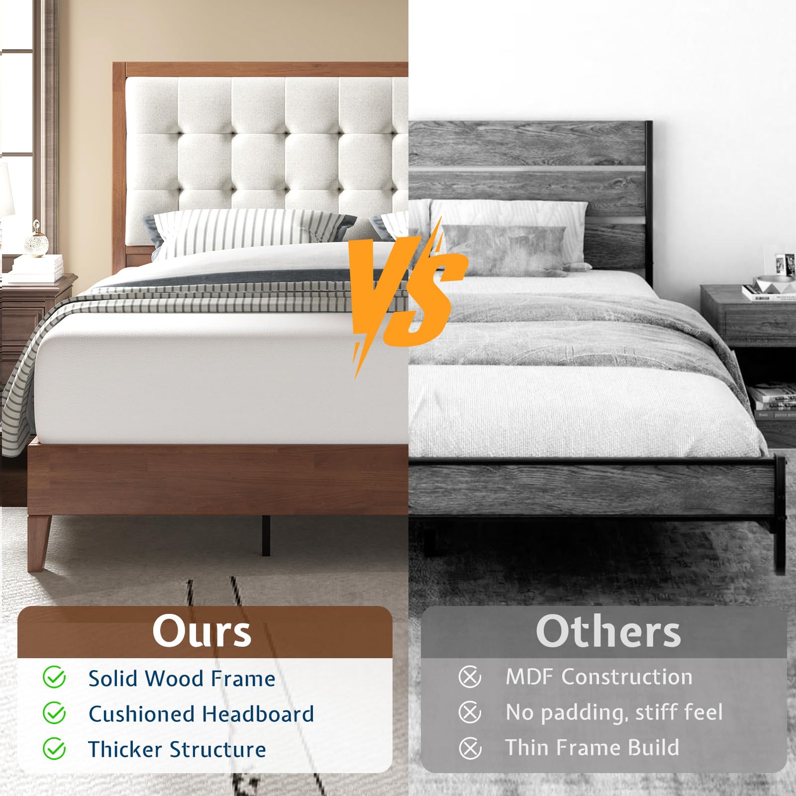 King Size Wood Bed Frame with Tall Tufted Headboard - Walnut