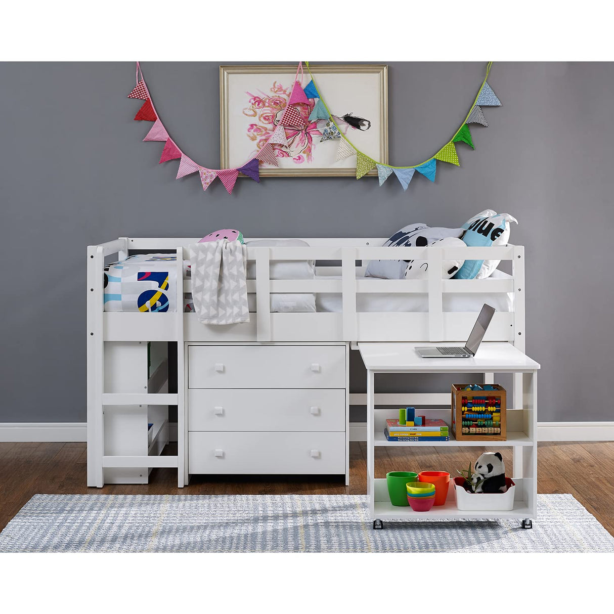 Naomi Twin Size Loft Bed with Storage, Desk, Cabinet Ladder, Low Study Pine Wood for