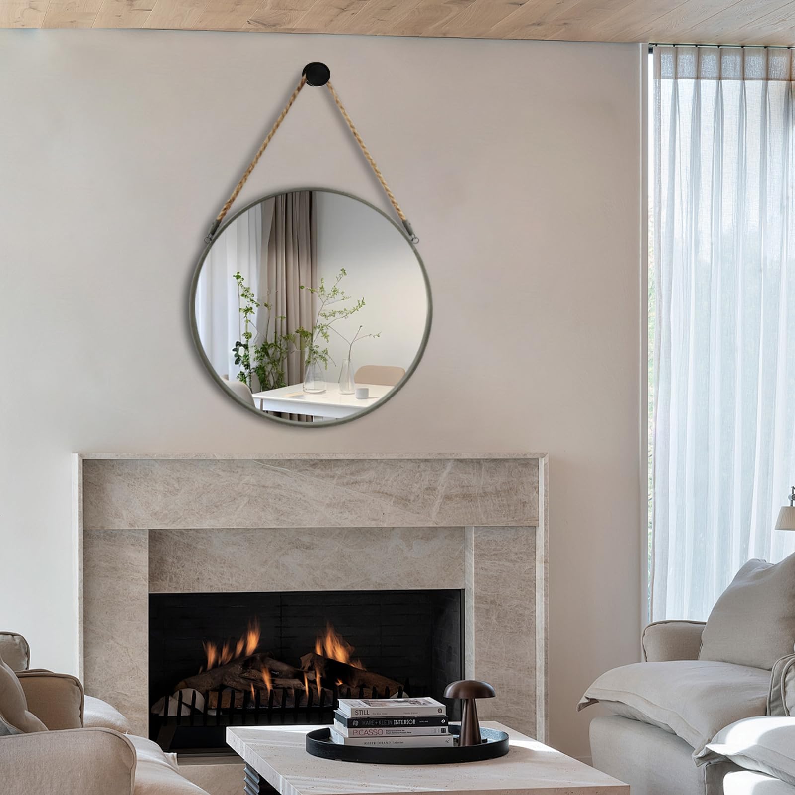 Round Hanging Mirror, Circle Wall Mirror with Rope, Farmhouse Mirror