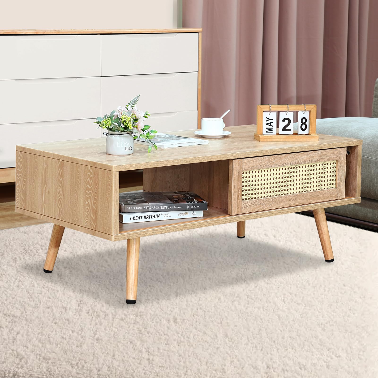 Mid Century Modern Coffee Table,Rattan Coffee Table with Sliding Woven Open Storage