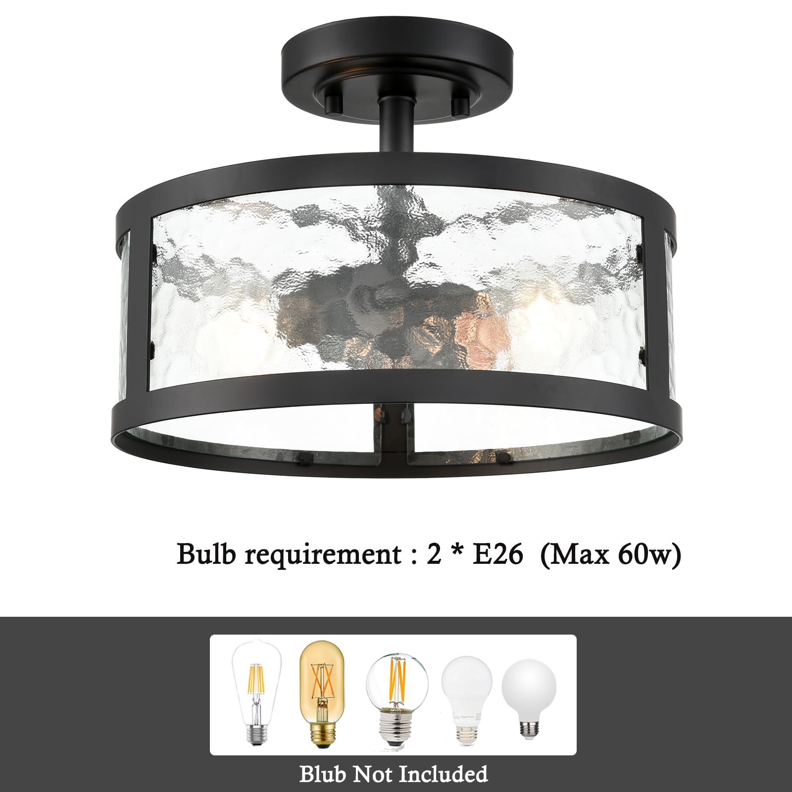 Farmhouse Semi Flush Mount Ceiling Light - 2-Light Black Fixture with Hammered Glass