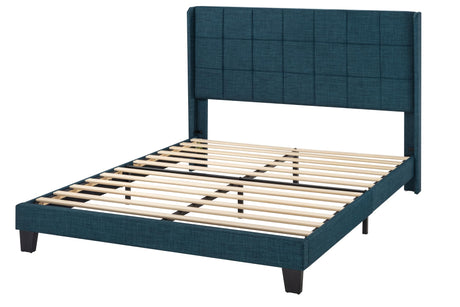 Queen Size Platform Bed Frame with Wingback, Fabric Upholstered Square Stitched