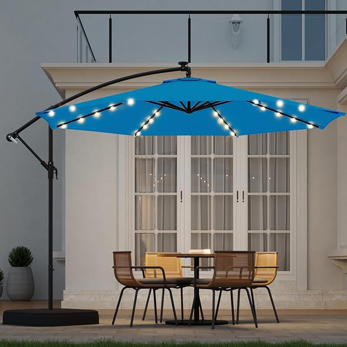 10ft Solar Lighted Patio Umbrella with Base Included, Outdoor Offset Cantilever Umbrella