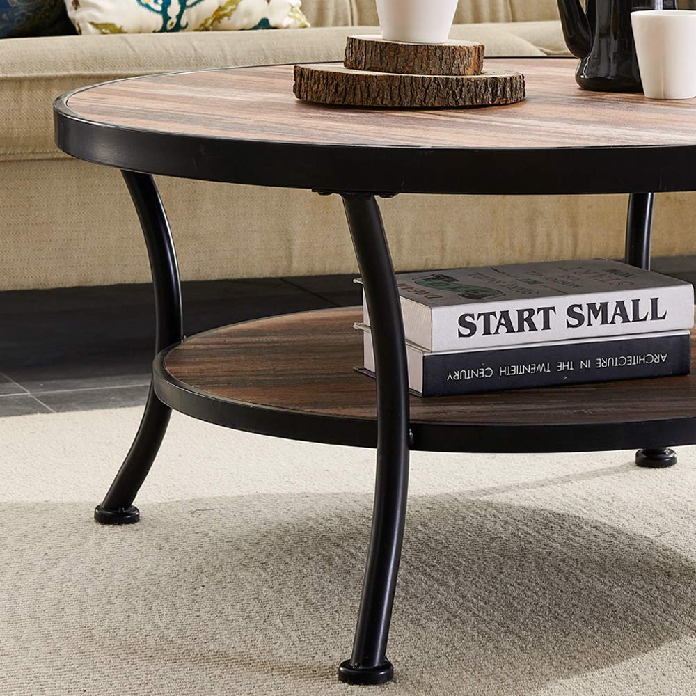 Farmhouse Coffee Table, 2 Tier Round Coffee Table with Storage, Living Room Coffee Table