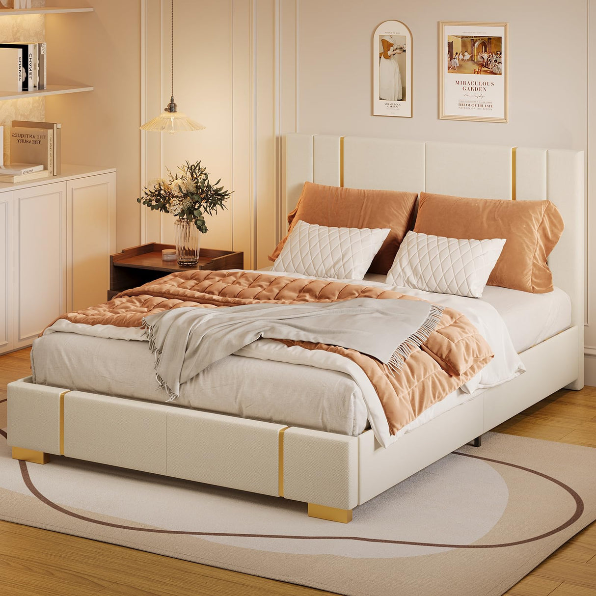 Upgrade Queen Bed Frame, Upholstered Platform Bed Frame with Modern Headboard,