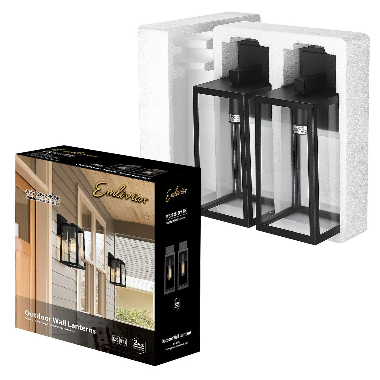 2 Pack Outdoor Wall Light Fixtures, Outside Wall Lights for House, Black Finish