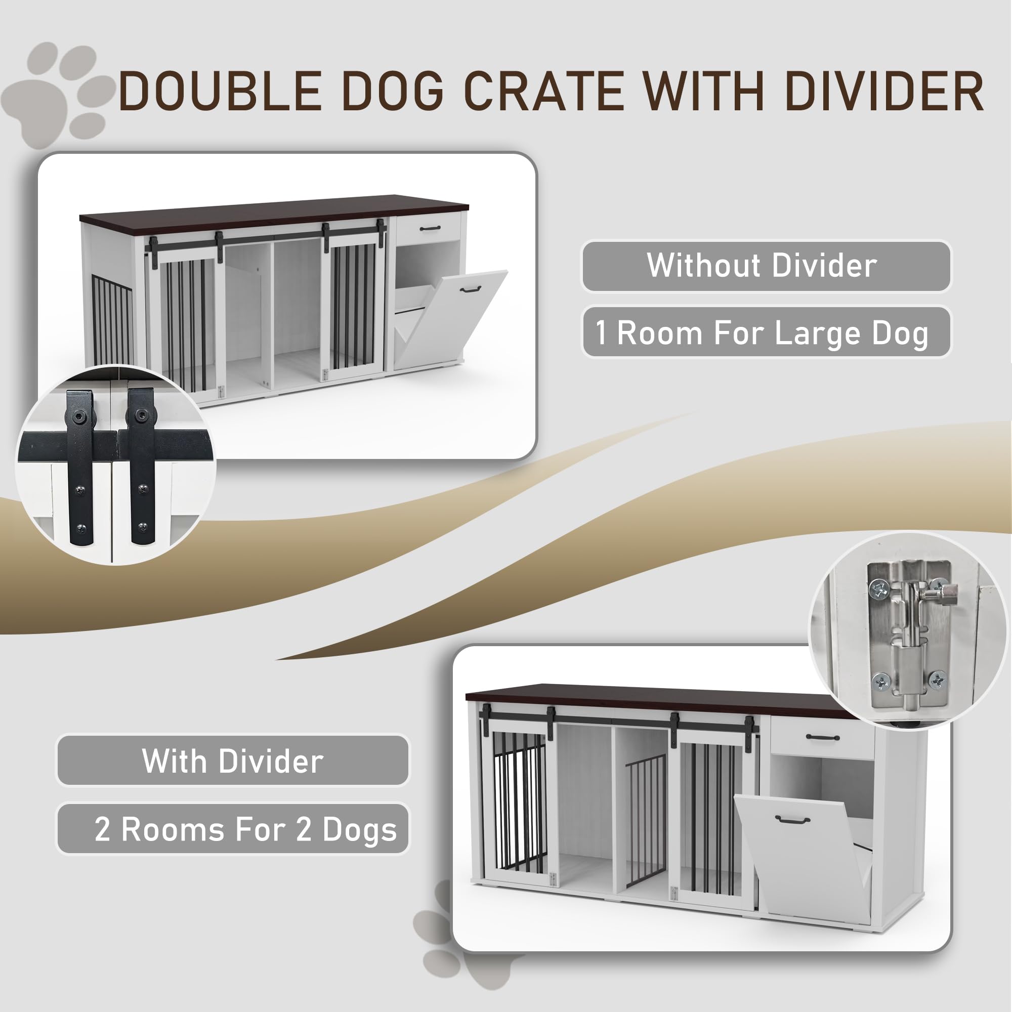 Large Dog Crate Furniture - 71 Inch Wooden Double Crate with Storage