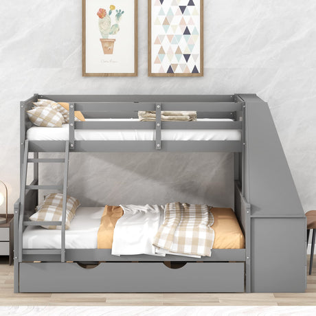 Twin Over Full Bunk Bed with Trundle and Built-in Desk, Solid Wood Bunk Bed Frame