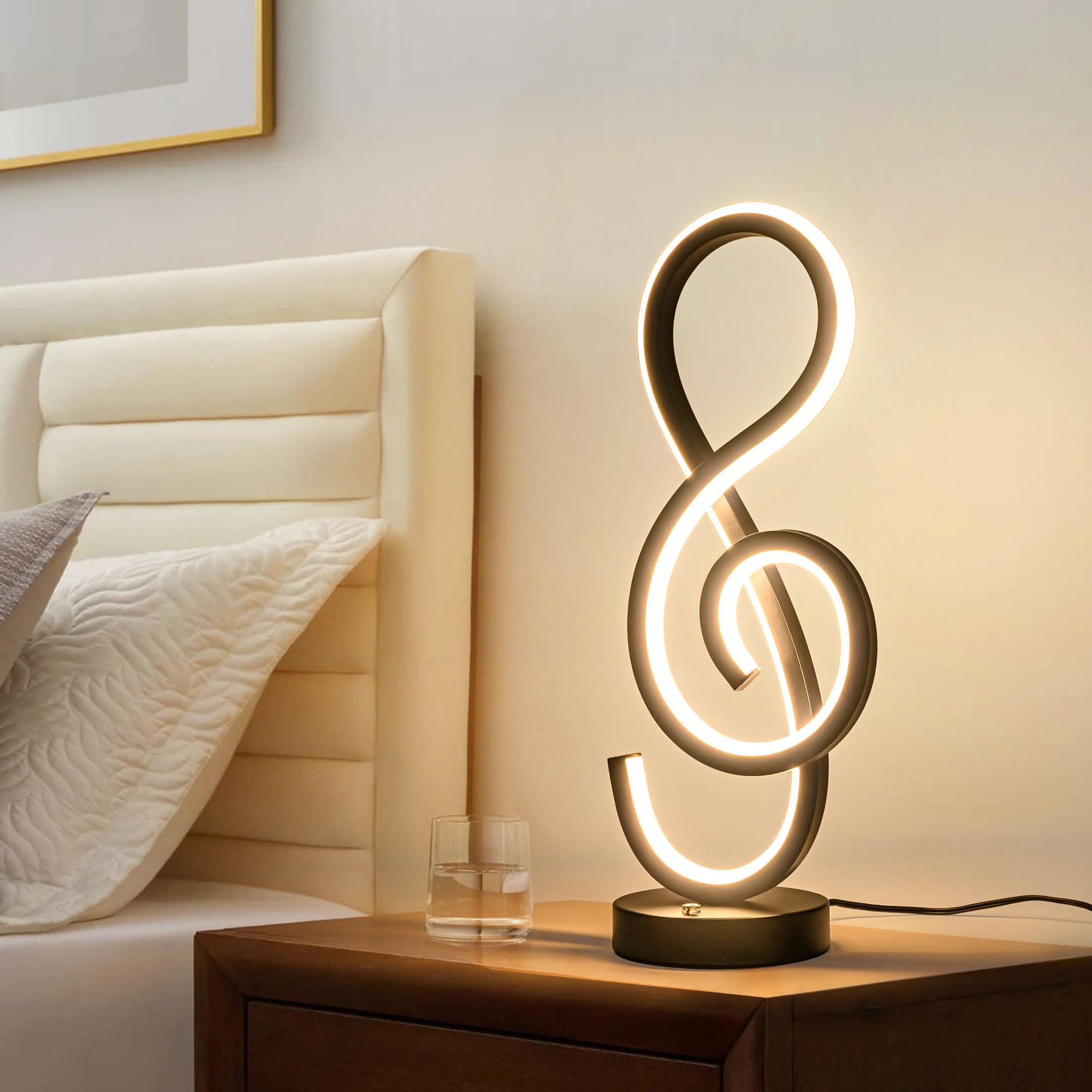 RGB Modern Table Lamp, LED Spiral Lamp with Music Note Design, Black Bedside Lamp